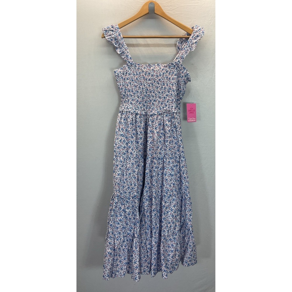 New Ruffle Butts Women's M Smocked Flutter Strap Dress Red‎ wht Blue Floral Midi
